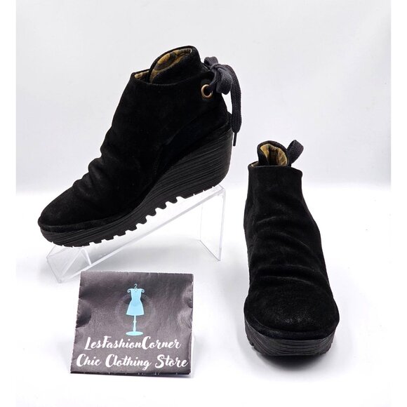 Fly London Shoes - FLY London Women's Yebi Black Suede Ruched Ankle Wedge Booties Sz  6.5 (37) 2343